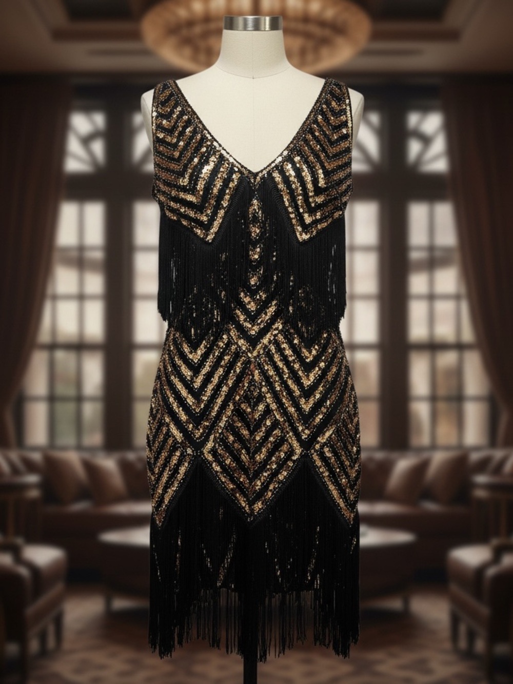 Black & Gold Sequin Fringe Mini Dress